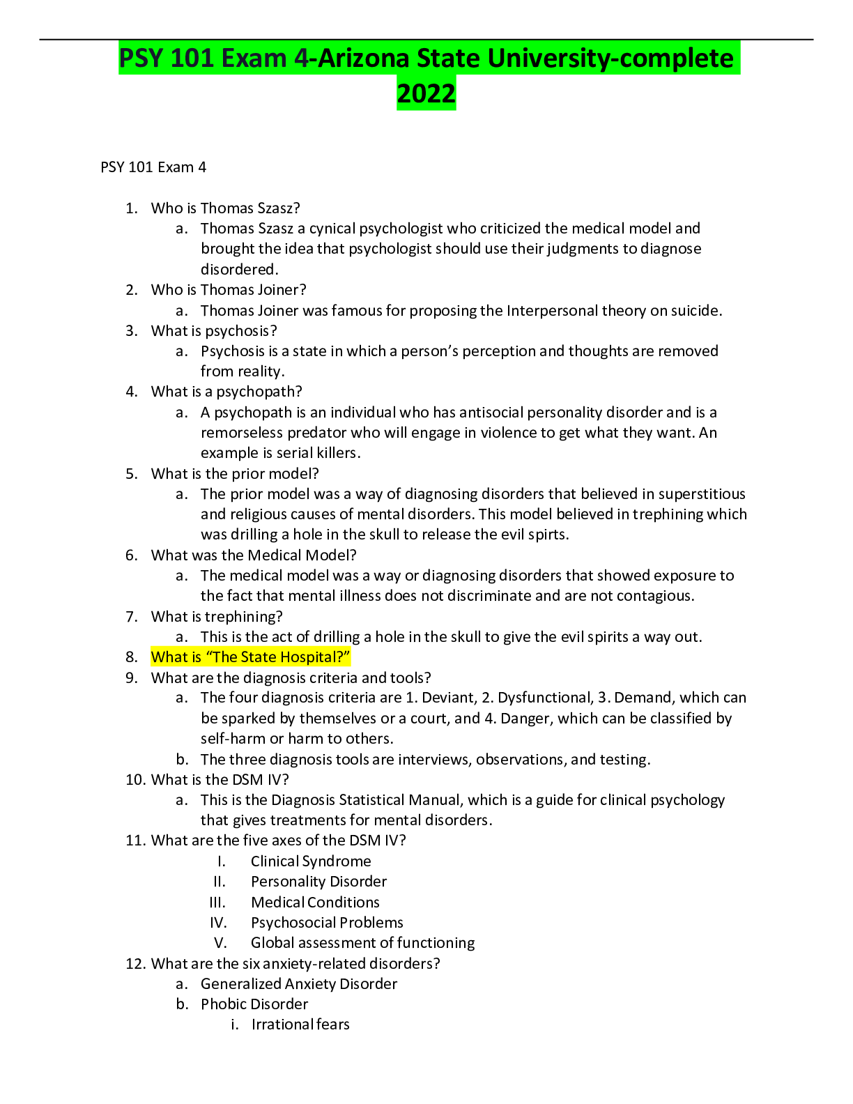 Preview of PSY 101 Exam 4-Arizona State University-complete 2022